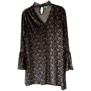 KARLIE Velvet Floral V-Neck Detail Retro Flare Bell Sleeves Mini Dress Top